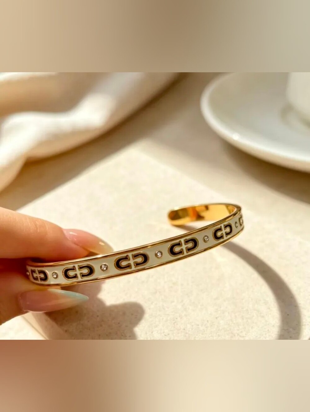 Gold-Tone White Enamel Cuff Bracelet with Logo Motif Nwot